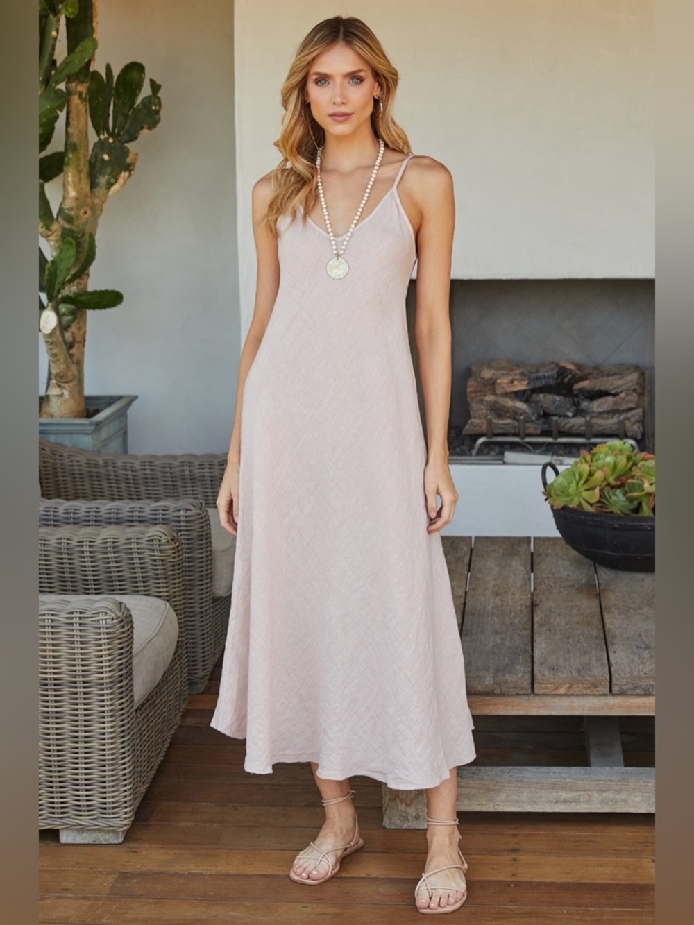 (23.2237-BLUSH) ITALIAN LINEN MAXI V-NECK DRESS